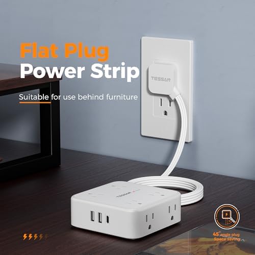 TESSAN Power Strip Tower Surge Protector: 8 AC Outlets & 3 USB Ports (1 USB-C) with 900 Joules Protection, 5 FT Flat Plug Extension Cord – Ultimate Desk Charging Station for Home Office and Dorm Room Efficiency