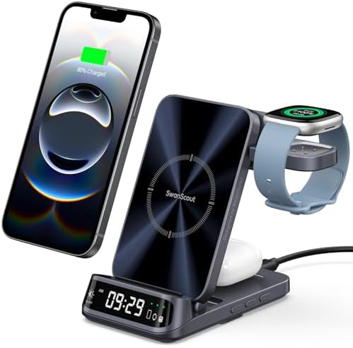 3-in-1 Wireless Charging Station for Fitbit Versa 4/3/Sense 2/1/Ace LTE, i Phone 16/15/14/13, and Samsung S25/S24/S23 – Fast Charge All Your Devices, Compact Design for Home & Office, No Adapter Needed – Swan Scout 708 FB