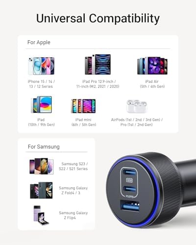 Premium USB-C Car Charger for i Phone 16 & Multi-Device Fast Charging – 167.5 W 3-Port Cigarette Lighter Adapter for i Phone 15/14/13, Samsung S24/S23/S22, Google Pixel, i Pad Air, Air Pods – Sleek, Compact Design with Safety Features for Optimal Performance on the Go