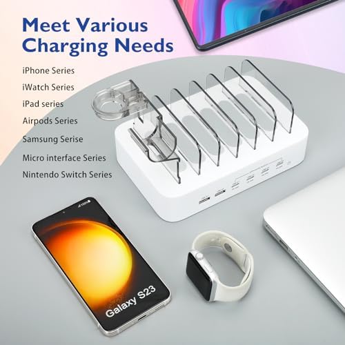 Ultimate 100 W USB C Multi-Device Charging Station: Fast Charge 4 PD & 2 USB Ports for Apple i Phone, i Pad, Android Phones & Tablets | Compact Desktop Organizer with Advanced Safety Features for Home & Office Use