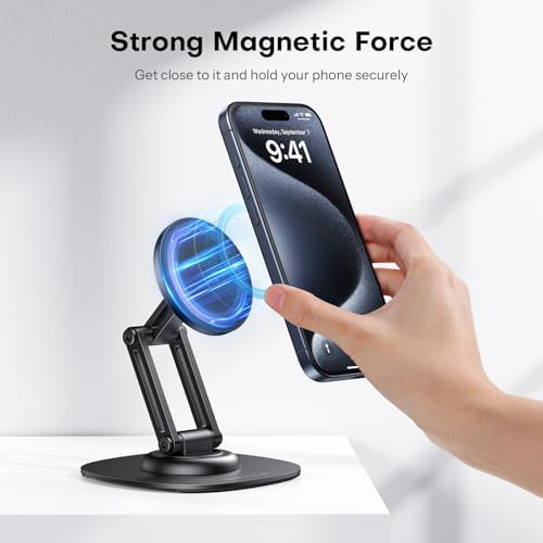 OMOTON 360°Rotating Magnetic Phone Stand for Desk, Adjustable Foldable Aluminum for MagSafe Cell Phone Stand Holder with Non-Slip Base, for iPhone 16/15/14/13 Pro Max/MagSafe Case- Black – Enhanced Compatibility and Speed