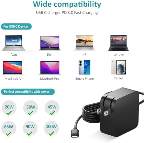 High-Power 100 W USB-C Laptop Charger with Foldable Plug and Dual USB Ports – Fast Charging for HP Spectre, Chromebook, and More – Compact, Travel-Friendly Design with Advanced Safety Features – Ideal for Business Professionals and Students
