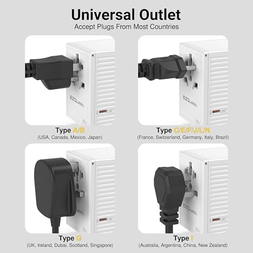 EZQuest 35 W Ga N 5-Port Universal Travel Charger – Compact International Adapter with 4 Plug Types (US/UK/EU/AU) for Global Use – 4 USB-C & 1 USB-A Ports with PD Fast Charging – Lightweight Black Design for Effortless Portability and Device Protection