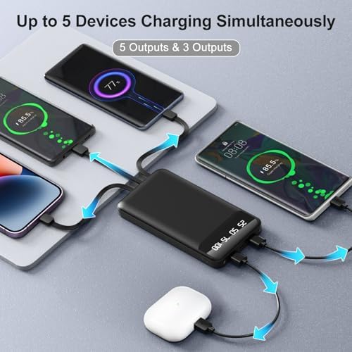 High-Capacity 40000 m Ah Portable Power Bank with 4 Built-In Cables, 5 Outputs & 3 Inputs – Ultimate Travel Charger & Emergency Backup with Flashlight for i Phone, Android, and Tablets – Versatile All-in-One Charging Solution with Enhanced Safety Features