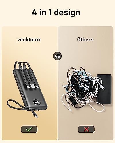 VEEKTOMX 10,000 m Ah Portable Power Bank with Integrated Charging Cables – Slim, Lightweight Fast Charger for i Phone, Samsung, and Android Devices – Essential Travel Companion with Intelligent Charging Technology for On-the-Go Convenience