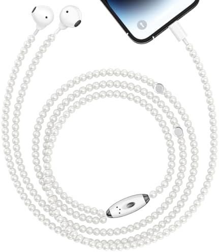 Sophisticated Pearl Wired Earbuds for i Phone – Exceptional Audio Clarity with Built-In Mic & Adjustable Volume – Tangle-Free Magnetic Storage for Seamless Compatibility with i Phone 14, 13, 12, 11 Pro Max, X, XS, XR, 8, 7 Plus – Durable Beaded Design for a Chic Listening Experience