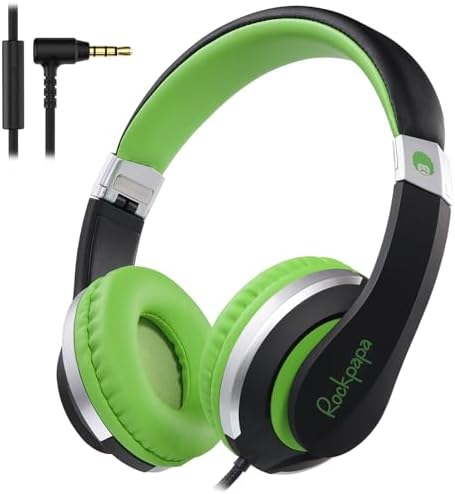 Rockpapa HS20 Kids Wired Headphones – Super Lightweight & Foldable Design with Integrated Microphone, Perfect for School, Travel & Entertainment – Compatible with Tablets & Smartphones, Stylish Black & Orange for Ages 3-15, Ideal for Learning, Play, and Hands-Free Communication