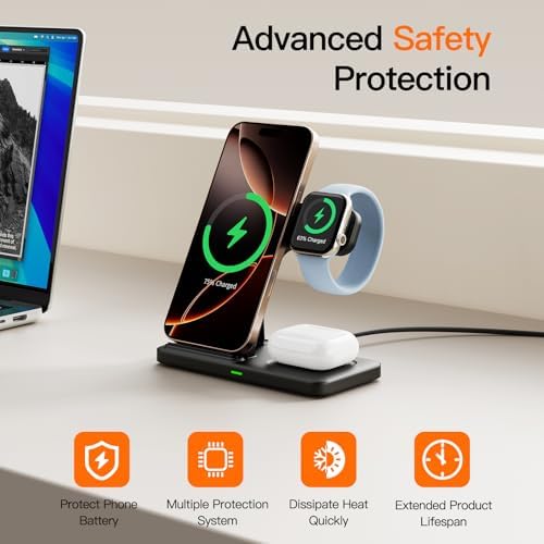 3-in-1 Wireless Charging Station for Apple Devices – 15 W Fast Charger Stand for i Phone 16/15/14/13/12/11, Apple Watch, and Air Pods – Convenient Portable Design with Enhanced Compatibility and Safety Features for Home and Travel – Perfect Gift for Tech Enthusiasts