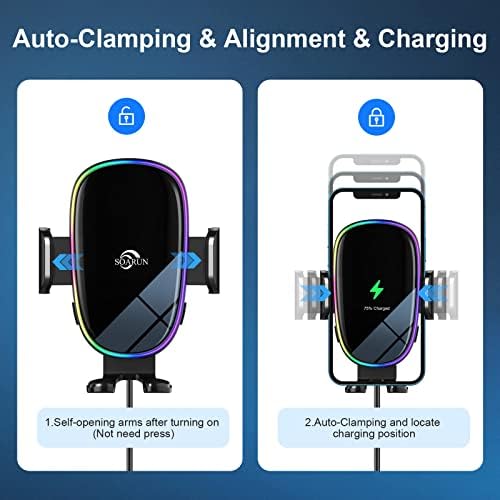 SOARUN Wireless Car Charger Mount with Dynamic 7-Color LED Backlight – 15 W Fast Charging Auto-Clamping Phone Holder for i Phone 14 Pro, 13, 12 & Samsung S23 Ultra, S22 – Enhanced Compatibility & 360-Degree Rotation for Safe Driving and Optimal Viewing