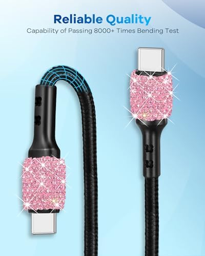 Stylish Pink Bling USB C Car Charger – 48 W Power Delivery & Quick Charge Dual-Port Adapter with 3.2 FT Type-C Cable for i Phone 16, 15 Pro Max, i Pad, Samsung Galaxy & Android Devices – Ultimate Fast Charging Solution for On-the-Go Convenience and Enhanced Compatibility