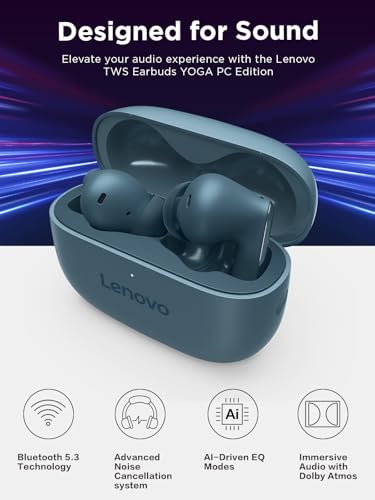 Lenovo TWS Yoga PC Edition Earbuds in Tidal Teal – Experience Superior Sound with Cutting-Edge Active Noise Cancellation, Bluetooth 5.3 Connectivity, and 3-Mic ENC for Exceptional Call Clarity – Tailor Your Audio with Customizable AI EQ Mode for Gaming, Entertainment, and Professional Applications – Ergonomically Designed for All-Day Wear and Effortless Versatility