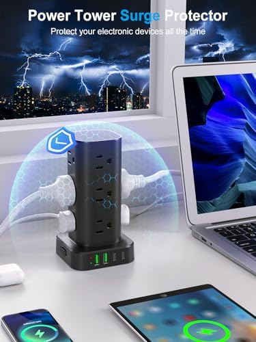 Ultimate Power Strip Tower with 15 W Wireless Charger and 10 FT Extension Cord – 12 AC Outlets & 4 USB Ports (2 USB-C) – Space-Saving Surge Protector for Home, Office, and Dorm Use – Advanced Compatibility for All Devices