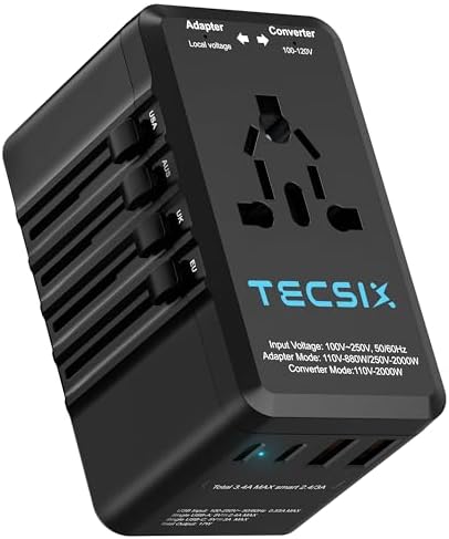 TECSIX 220 V to 110 V Travel Voltage Converter: Universal Power Adapter with Dual USB-C & USB-A Fast Charging Ports for International Adventures in Europe, UK, US, Australia & Asia – Compact, Durable & Multi-Device Compatible