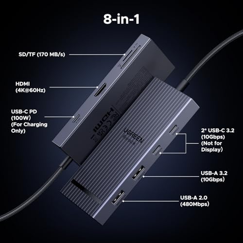 UGREEN Revodok Pro 8-in-1 USB-C Hub: Powerful Docking Station with 4 K HDMI, 100 W Power Delivery, and Ultra-Fast Data Transfer for Mac Book Pro, i Pad Pro, XPS, and More – The Compact Connectivity Essential for Professionals and Creatives on the Move