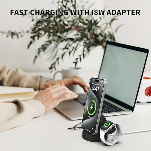 Dual Device Charging Dock for i Phone & Apple Watch – 15 W Fast Charging Station, Silicone Holder for i Phone 14/13/12/Pro/Mini/Pro Max & Apple Watch Series 9/8/7/6/5/4/3/2/SE/Ultra/Ultra2 (Sleek Black) – Ultimate Space-Saving Solution with Enhanced Stability and Quick Access
