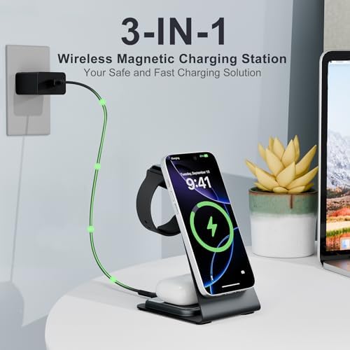 Ultimate 3-in-1 Magnetic Wireless Charging Station: Rapid 15 W Charger for i Phone 16/15/14/13/12 Pro Max, Apple Watch Ultra, and Air Pods Series – Portable Desk Dock with Adjustable Night Light for Home, Office, and Travel – Enhanced Compatibility and Safety Features