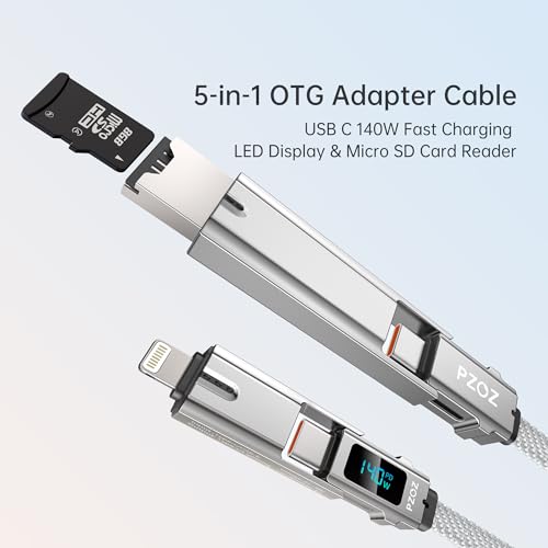 PZOZ 5-in-1 OTG Cable: Ultimate USB-C Fast Charging with LED Status Display, Micro SD Card Reader & Multi-Device Compatibility for i Phone, i Pad, Mac Book & Samsung – 140 W, 5 ft Length for Enhanced Versatility and Convenience