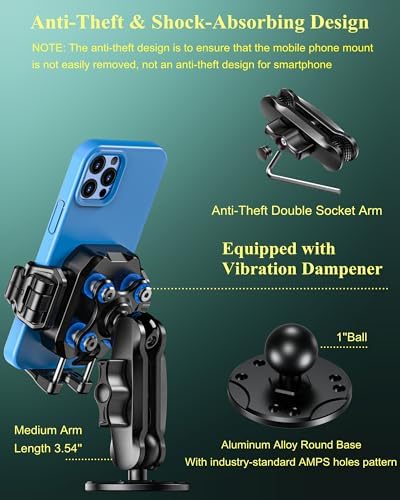 BRCOVAN Anti-Theft Smartphone Mount Holder – Ultimate Vibration Dampening for Secure On-the-Go Use in Cars, Motorcycles & UTVs – Quick 1-Second Lock & Release, Adjustable Aluminum Arm for 5.4-7.2” Devices – Perfect for Navigation and Capturing Stunning Photos