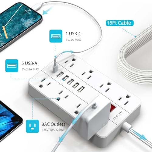 Compact Surge Protector Power Strip with 8 Outlets & 6 USB Ports – AOFO 5 ft Flat Extension Cord for Travel, Office & Dorm – Durable Design with USB-C Fast Charging, Enhanced Safety & Space Efficiency