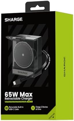 Portable 65 W Ga N Wall Charger with Retractable USB-C Cable | Fast Charging Solution for Mac Book Pro/Air, i Phone 16, Pixelbook & i Pad Pro | Dual-Device Power Delivery | Sleek & Compact Design for On-the-Go Charging