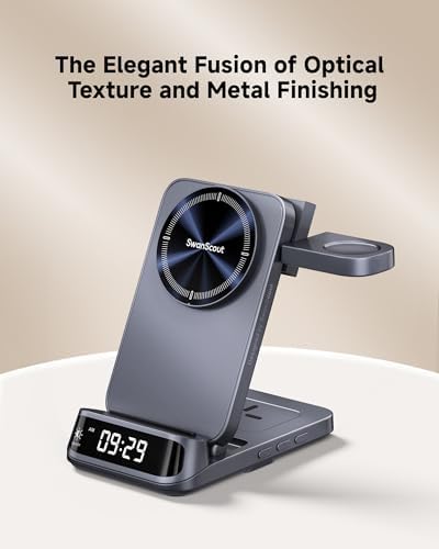 Magnetic 3-in-1 Wireless Charging Station for Samsung Devices – Foldable Fast Charger for Galaxy S25/S24/S23/Note 20/Z Fold & Flip Series, Galaxy Watch 7/6/5 Pro/Ultra & Buds Pro/Live – Enhanced Compatibility with Adjustable Dimming Clock, Rapid Charging Efficiency, and Portable Design for Travel and Home Use