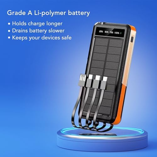 Ultimate Portable Solar Power Bank with Integrated Charging Cables – 10,000 m Ah Waterproof Battery Pack for Phones Featuring USB, Micro USB, Lightning, Type-C, and Wireless Charging – Perfect for Outdoor Adventures and Daily Use (Black Blue)