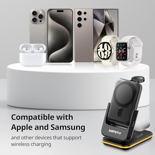 Ultimate 4-in-1 Magnetic Charging Station – SUPERV Foldable 5000 m Ah Power Bank for i Phone 16/15, Apple Watch, Air Pods & Samsung Galaxy S25/S24 – Fast Wireless Charger with Enhanced Mag-Safe Compatibility for Seamless Portability and Versatile Device Support