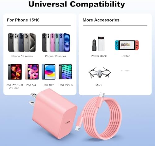 Rapid Charge Power Duo: 6 FT USB-C Wall Charger & Cables for i Phone 16, 15, Pro Max, i Pad Pro, Samsung S23 & Android – Unmatched Speed & Universal Compatibility for All Devices – Perfect for Home & Travel Use