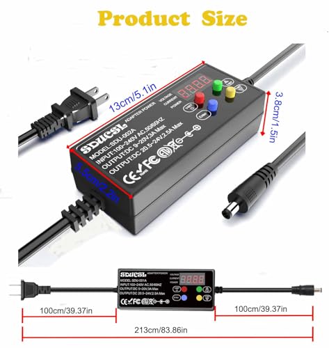 Versatile Compact DC Power Supply with 24-Hour Timer – Adjustable 5-12 V, 0.1 A-3 A Output, UL Listed for Enhanced Safety – 8 Interchangeable Tips for Home & Office Use, Ideal for Electronics & DIY Projects