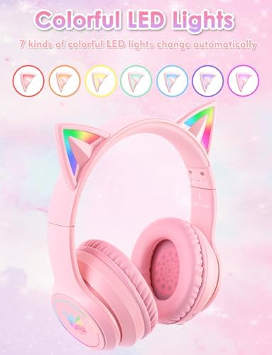 Whimsical Cat Ear Bluetooth Headphones for Kids & Adults – Immersive Hi-Fi Sound, 55-Hour Playtime, LED Light-Up Design, Built-In Microphone, and Universal Compatibility with i Phone, i Pad, Laptop & PC for Ultimate Fun and Comfort
