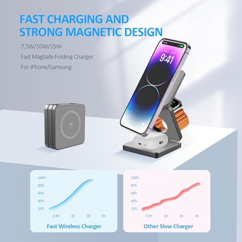 Revolutionary 3-in-1 Foldable Wireless Charging Station for Apple Devices – Ultimate i Phone 15, 14 Pro Max, 13, 12, Apple Watch 9-3, and Air Pods Pro Compatibility in a Compact Design (Black) – Streamlined Charging Efficiency and Portability for Tech Enthusiasts