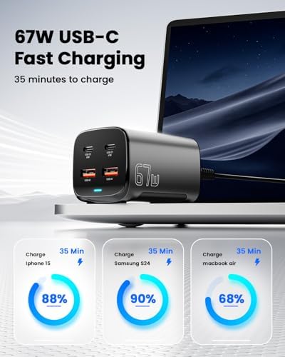 Essager 67 W Ga N USB C Charging Station – Ultra-Compact 4-Port Fast Charger for Laptops, Tablets, and Smartphones – Travel-Friendly Power Hub with Advanced Safety Features for High-Efficiency On-the-Go Charging