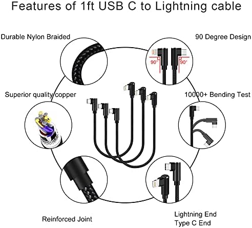 Premium 3-Pack USB C to Lightning Cable 3 ft – MFi Certified Fast Charging with 90-Degree Right Angle Connector – Durable Nylon Braided Design for i Phone 13, 12, 11, Pro, X, XS, XR, 8 Plus, 7, 6, 5 – Ultimate Convenience for Gaming and Streaming – Reliable Data Transfer and Syncing Solutions – Tangle-Free, Long-Lasting Performance in Stylish Black Finish