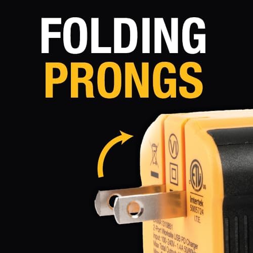 DEWALT Heavy Duty Angled Dual Port USB Charger – 12 W Wall Adapter for Fast Charging Multiple Devices, Foldable Plug for Optimal Portability, Compatible with i Phone 15, Galaxy S22, Note 20, HTC, Moto, and LG – Superior Speed and Enhanced Durability for Home and Travel
