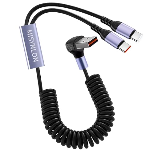 Revolutionize Your Charging Experience with the Coiled Dual USB C Splitter Cable – 90-Degree USB A to Two Type C Fast Charging Cord, 5.9 Ft for i Phone 15/16, Samsung S23/S22/S20 & More – Effortless Data Sync and Optimal Organization for Modern Tech Users