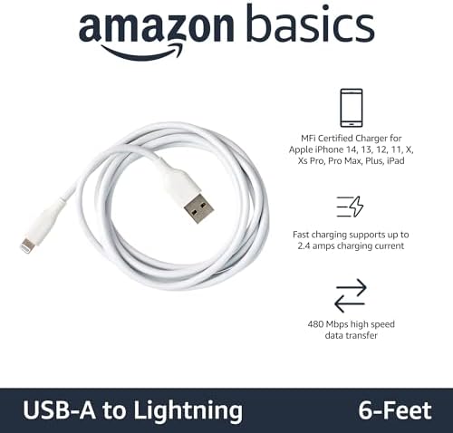Amazon Basics MFi Certified 2-Pack Lightning Charger Cables – 6 Foot USB-A to Lightning, Optimized for i Phone 14, 13, 12, 11, X, Xs Pro, Pro Max, Plus & i Pad – Durable ABS Design for Fast Charging & Data Syncing, Sleek Black Finish, Essential Backup Solution