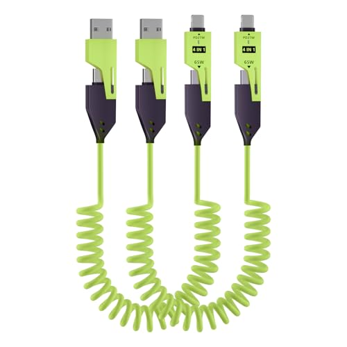 Versatile 4-in-1 Coiled USB C Cable – 4 ft – 65 W Fast Charging Solution for Phones, Laptops, and More – Durable Liquid Silicone Design in Pink – Tangle-Free Convenience, 2-Pack for Enhanced Compatibility and Speed