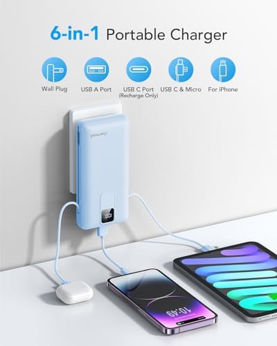 Charmast Ultra-Fast 20000 m Ah Portable Charger with Integrated Cables and Wall Plug – Universal Compatibility for i Phone 16/15/14/13, Samsung, Google, i Pad – Sleek Design, Rapid 20 W USB-C Power Delivery for On-the-Go Charging Solutions