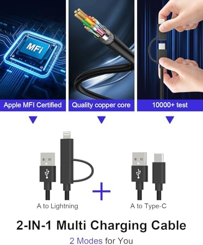 Vibrant Pink Retractable 2-in-1 Charging Cable for Carplay & Android Auto – MFi Certified Lightning and USB-C Fast Charger, 3 A Data Sync Coiled Cord for Ultimate Portability and Style