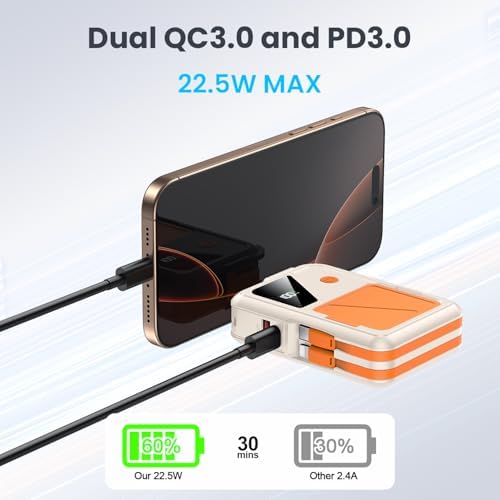 Revolutionary 3-in-1 Magnetic Wireless Power Bank – 10,000 m Ah Capacity with Built-in Cables and AC Plug – 22.5 W Fast Charging for i Phone 15/14/13/12, Apple Watch, and Air Pods – Ultimate Travel Companion for Seamless Device Charging