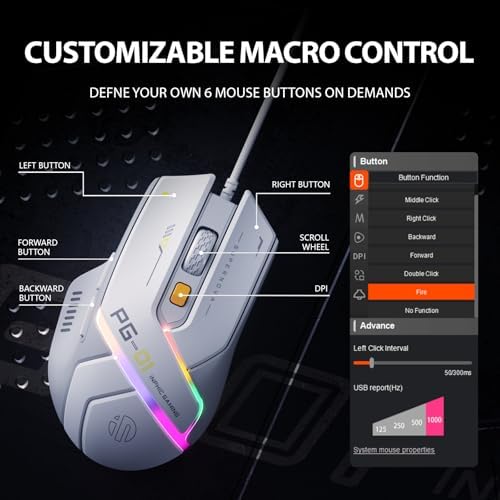 Elevate Your Game with the INPHIC PG1 Wired Gaming Mouse – Ergonomic Comfort Meets 12800 DPI Precision, 6 Customizable Buttons & Vibrant RGB Backlighting for Ultimate Performance in White and Gray