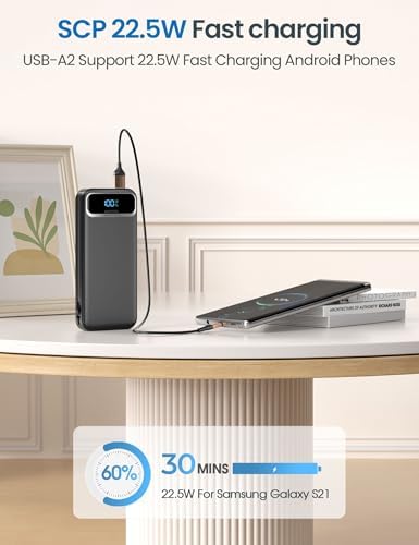12000 m Ah Ultra-Light Portable Power Bank with Built-In Cables & AC Wall Plug – PD20 W USB-C Fast Charging for i Phone, Samsung & Android – LED Display for Battery Monitoring – Ultimate Travel Companion for Quick Device Recharging