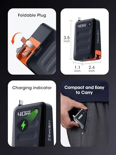 Compact 40 W Retractable USB-C Fast Charger Block – Dual-Port Power Adapter for i Phone 16/15, Galaxy, and Pixel Devices – Ultimate Travel Companion with Foldable Plug for Efficient Charging on the Go