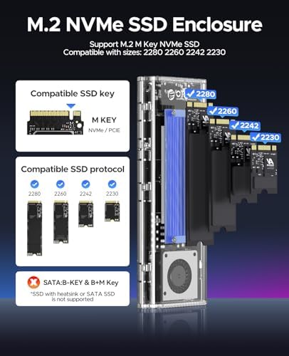 ORICO Transparent M.2 NVMe SSD Enclosure – Ultra-Fast USB 3.2 Gen 2 Adapter for PCI-E M-Key SSDs (2280/2260/2242/2230) – Lightweight and Durable External Solid State Drive Case with Tool-Free Setup and USB Type-C Support for Seamless Data Transfer