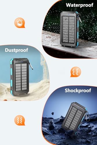 Ultra-High Capacity 36800 m Ah Solar Power Bank – Fast Charging USB-C Portable Charger with Dual LED Flashlights and IPX5 Waterproof Design for Outdoor Adventures, Ideal for Camping and Hiking – Universal Compatibility for i Phone and Android Devices