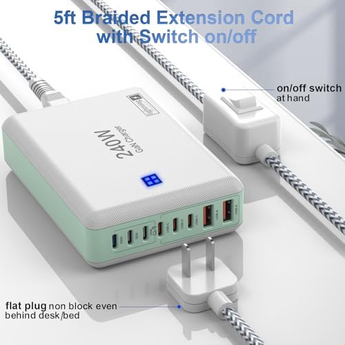 240 W High-Speed 8-Port Charging Station – Multi-Device USB Hub for i Phone, i Pad & Mac Book with 6 USB-C PD Ports, 2 USB-A Ports, 5 ft Braided Cord, On/Off Switch, Flat Plug Design for Travel Convenience and Optimal Space Management – Ultimate Charging Solution for Tech Enthusiasts