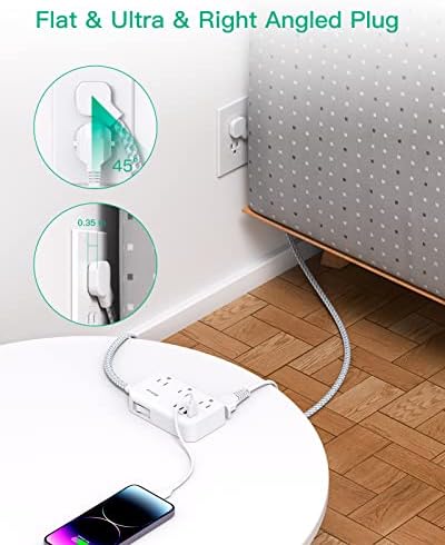 Compact Power Strip with 6 Outlets and 4 USB Ports (2 USB-C) – 5 Ft Braided Extension Cord with Ultra-Slim Flat Plug for Wall Mounting – Essential Overload Protection for Travel, Dorm Rooms, and Cruise Ships – Versatile Device Charger for Modern Living