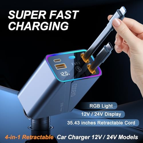 Revolutionary 4-in-1 Retractable Car Charger – 146 W Fast Charging Solution with PD 65 W & 30 W Outputs, 2.9 ft Tangle-Free Cord, RGB Light for Enhanced Visibility, Perfect Compatibility for i Phone 16/15/14/13/12, Android Devices & Laptops – Sleek Gray Design for Modern Vehicles