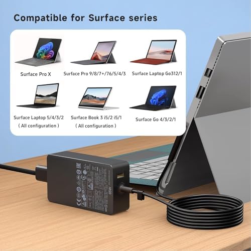 Premium 65 W Microsoft Surface Charger Replacement – Fast Charging AC Adapter for Surface Pro 3-9, Surface Laptop 1-5, Surface Go 1-3, and Surface Book 1-3 – Lightweight, Durable Power Supply for Enhanced Productivity and Seamless Performance