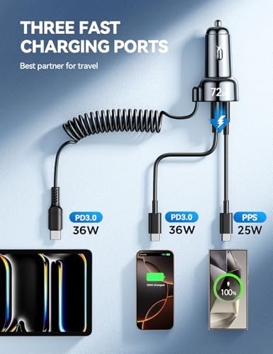 High-Speed USB C 72 W Car Charger for i Phone 16 Pro Max Plus & Multi-Device Compatibility – Rapid PD & QC3.0 Charging with 5 ft 36 W Type C Coiled Cable for Samsung Galaxy S24/S23/S22, Pixel, Moto, LG, and More – Ultimate Travel Accessory for Uninterrupted Power on the Go